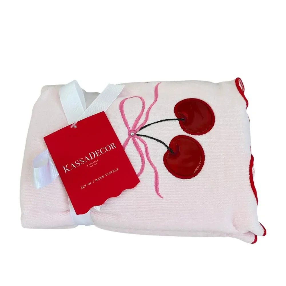 2 Pink Bow Red Leather Cherries Hand Towels Coquette Scallop Valentine's Day FUN